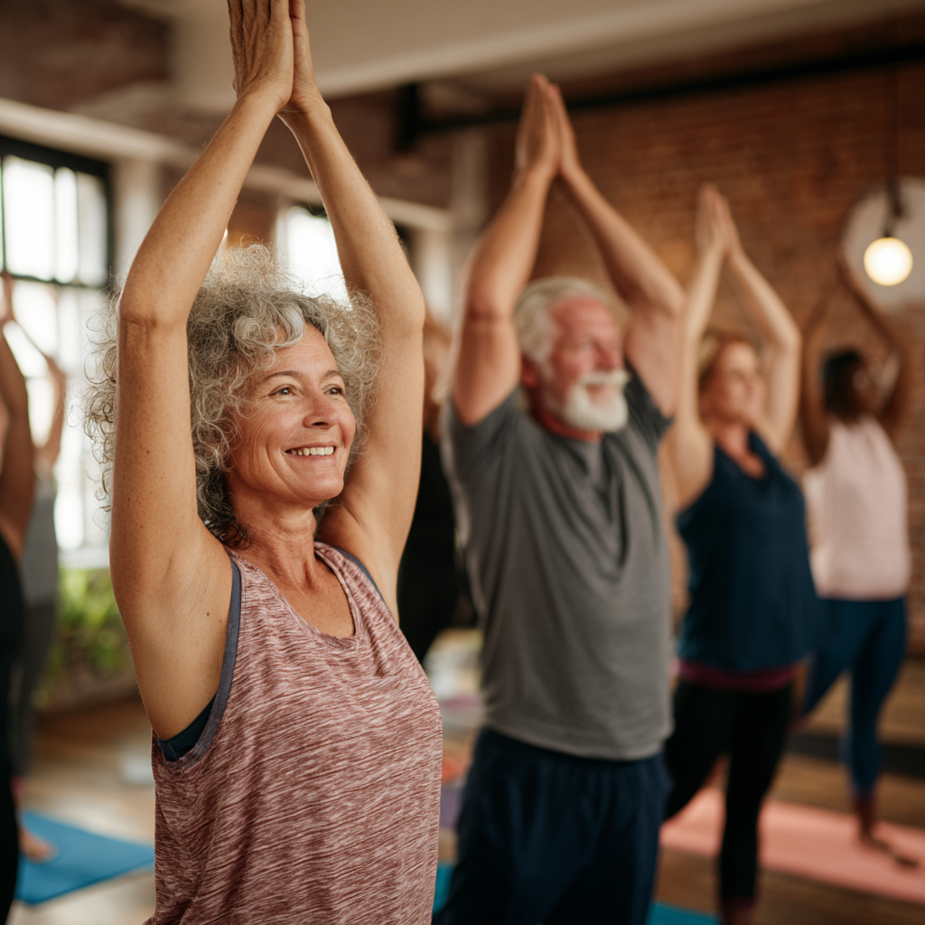Diverse group of middle-aged and older adults practicing yoga together in a warm, welcoming studio space